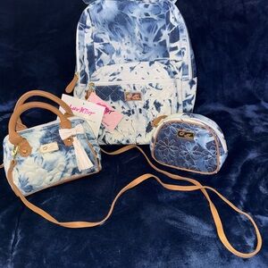 Stylish Denim Blue and Tan Betsey Johnson Bag Set